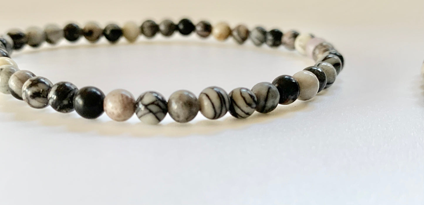 Net Jasper Round Bead Bracelet, 4mm