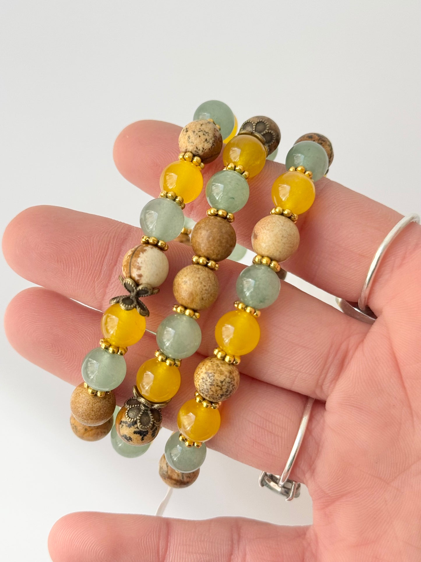 Aventurine and Picture Jasper Round Bead Bracelet, 8mm