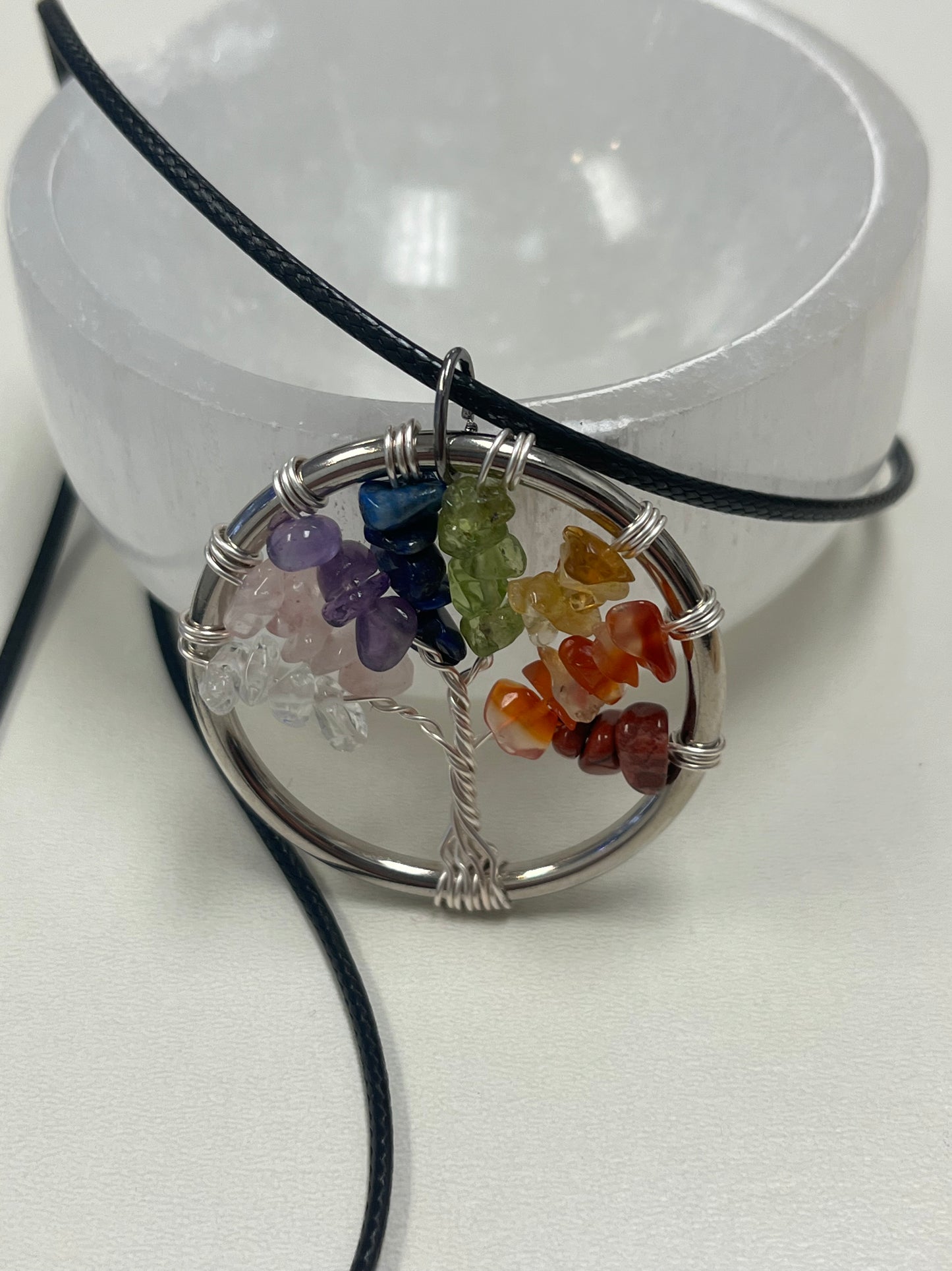 Chakra Tree of Life Pendant (~1.5" circle) with Black Cord