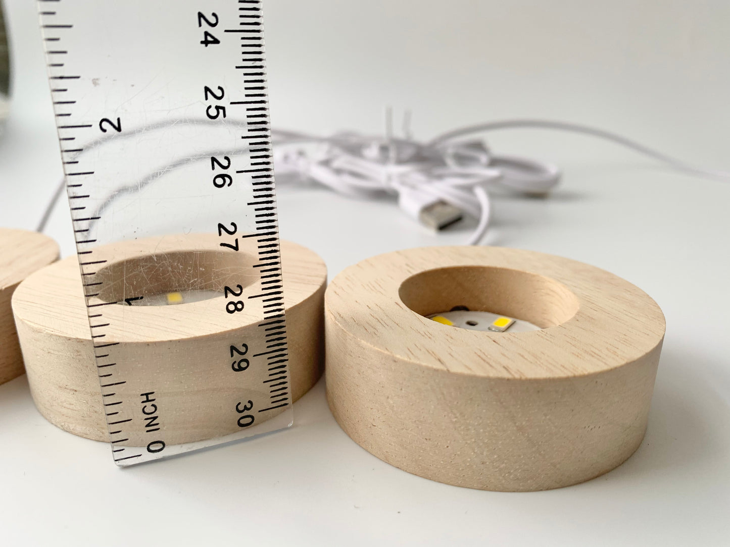 White LED Circle Shape Wood Light Base, ~2.5" wide by 1/2" tall