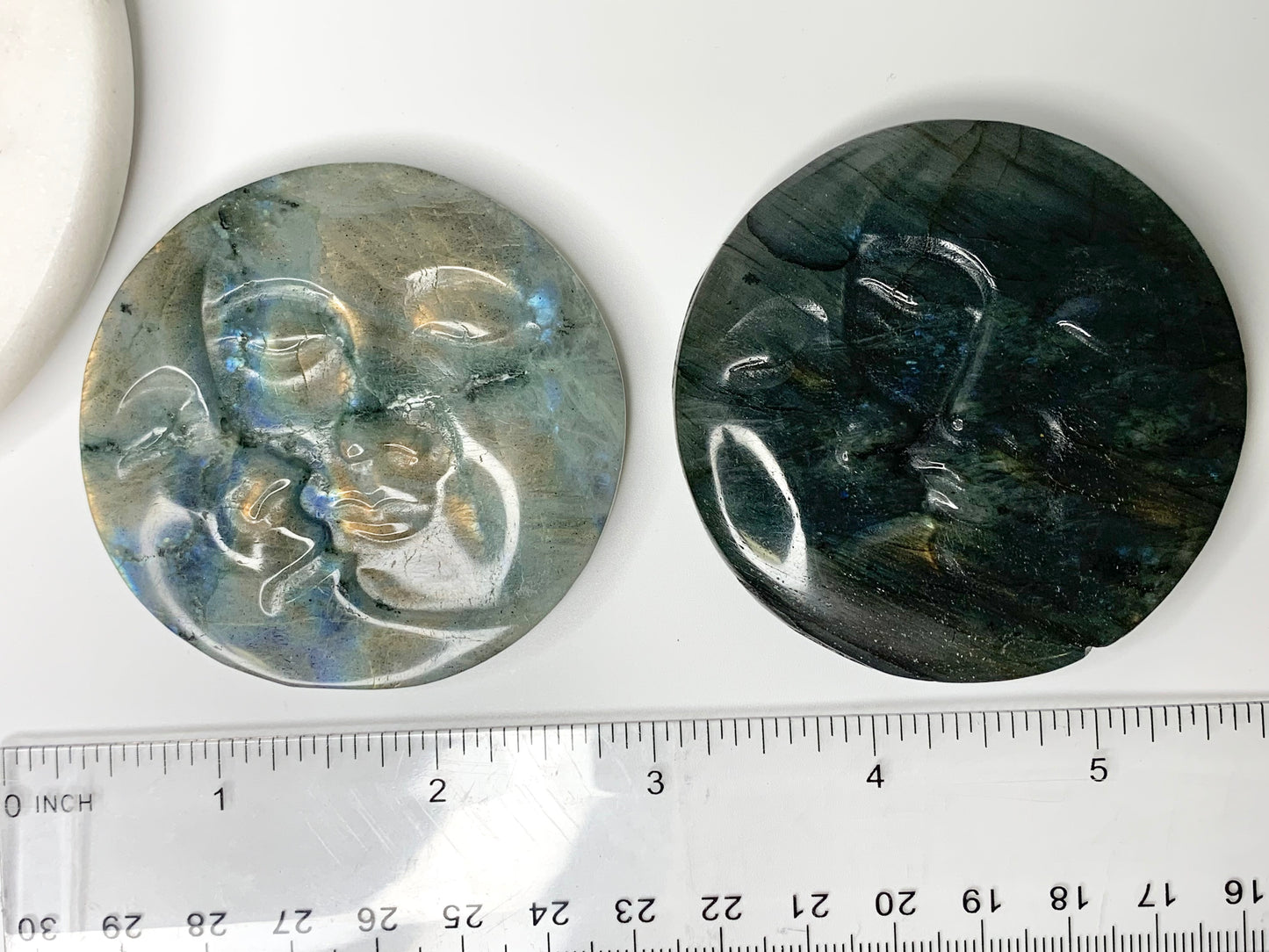 Sun and Moon Face Labradorite Carving, flat