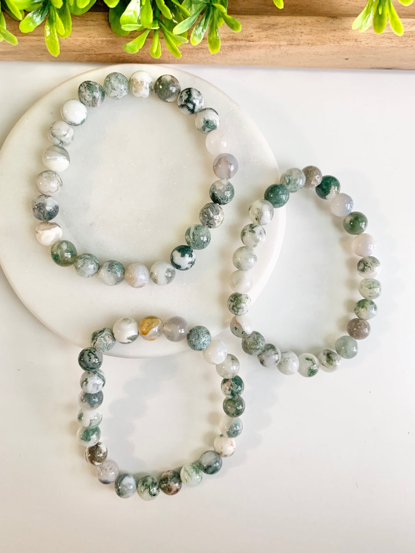 Green Tree Agate Round Bead Bracelet, 8mm