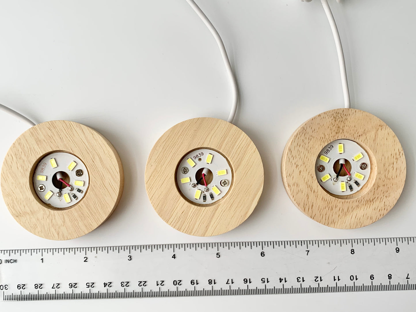 White Round Wood LED Light Base, ~2.5" by 0.75" tall
