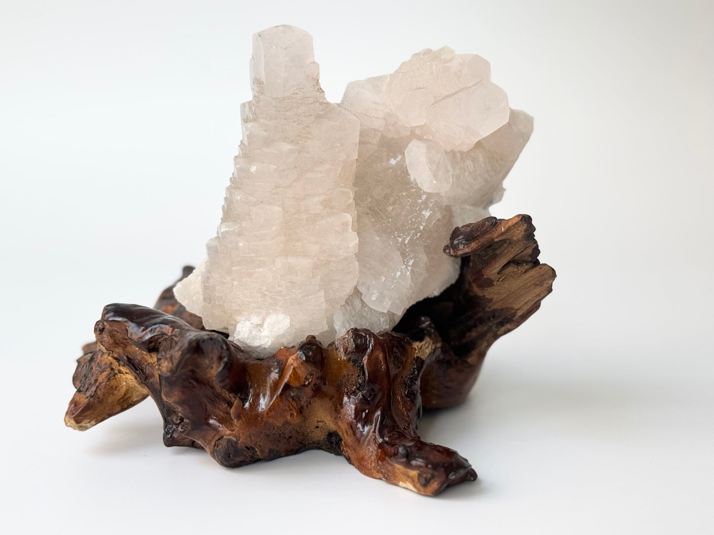 Mangano Calcite Cluster, Wooden Display