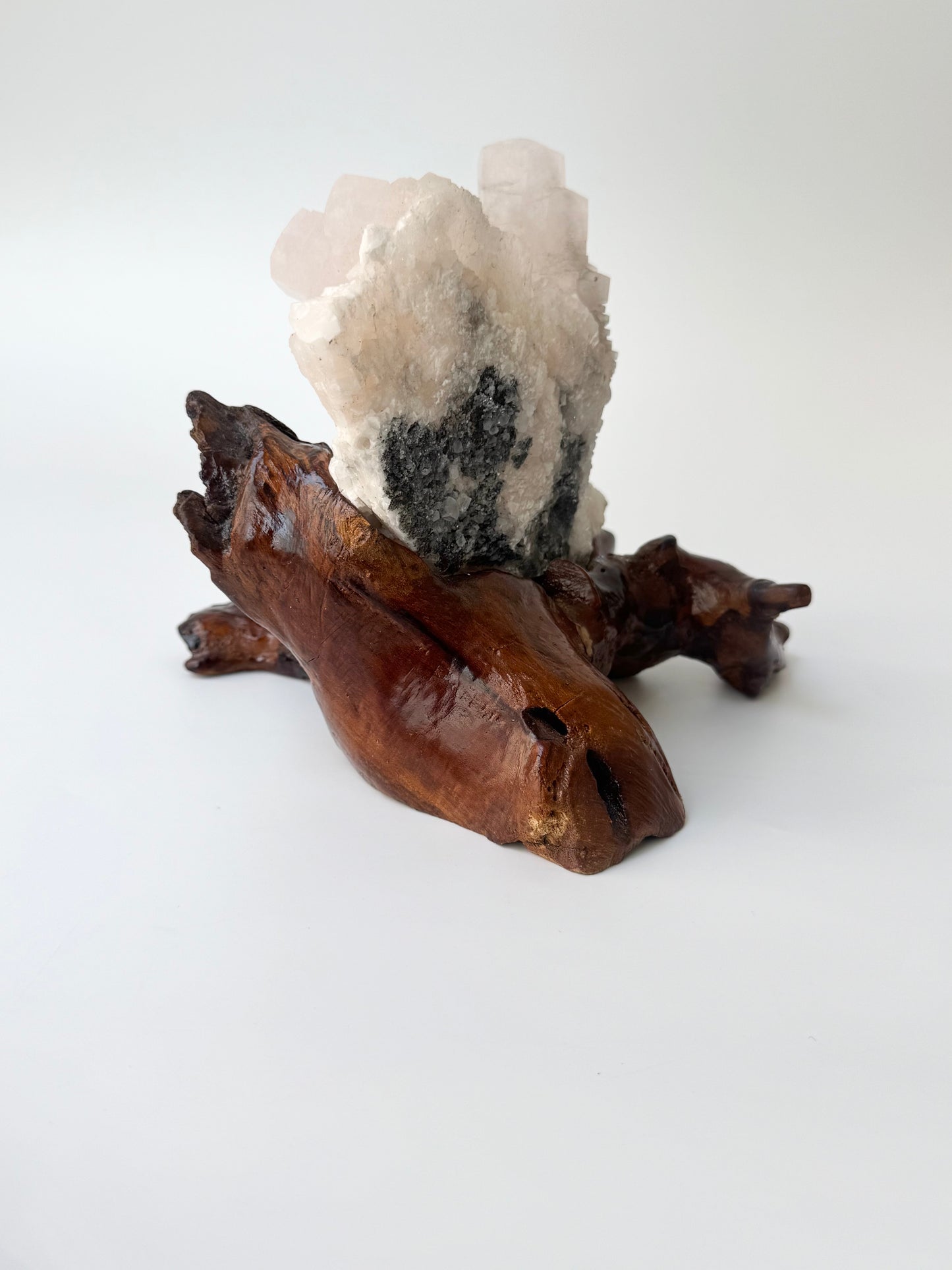 Mangano Calcite Cluster, Wooden Display