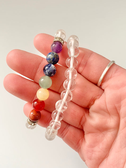 Clear Quartz and Chakra Bracelets, 8mm