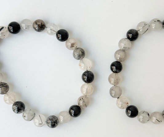 Black Tourmaline in White Quartz Bead Bracelet, 8mm