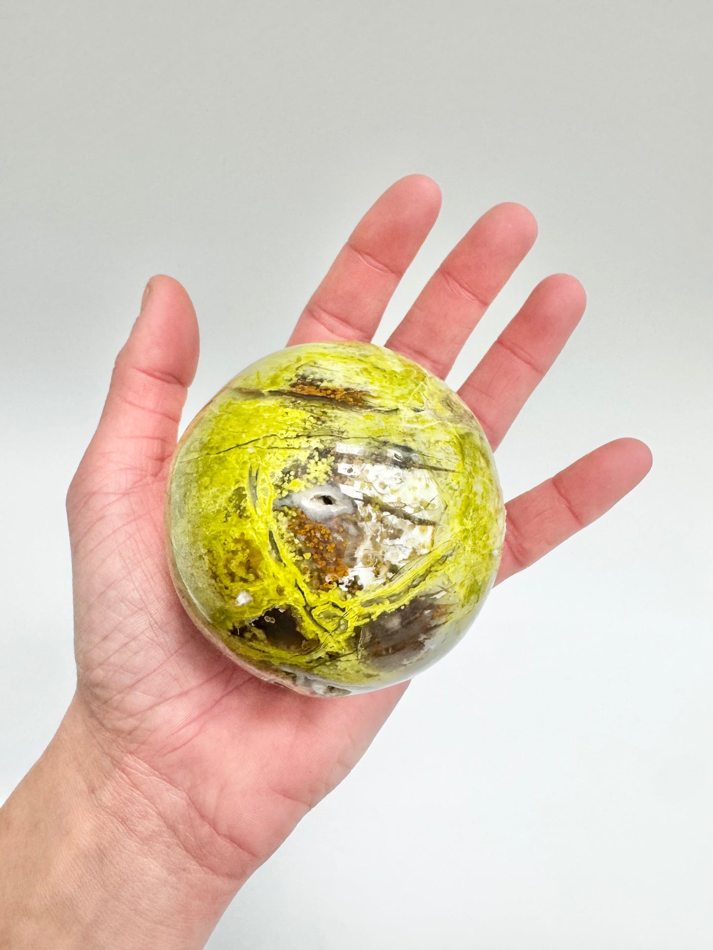 Bright Green Opal Sphere (~73mm) — Druzy Vug Pocket