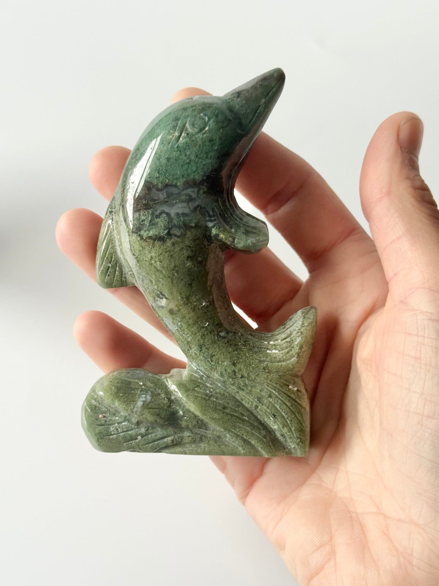 Moss Agate Dolphin Carving