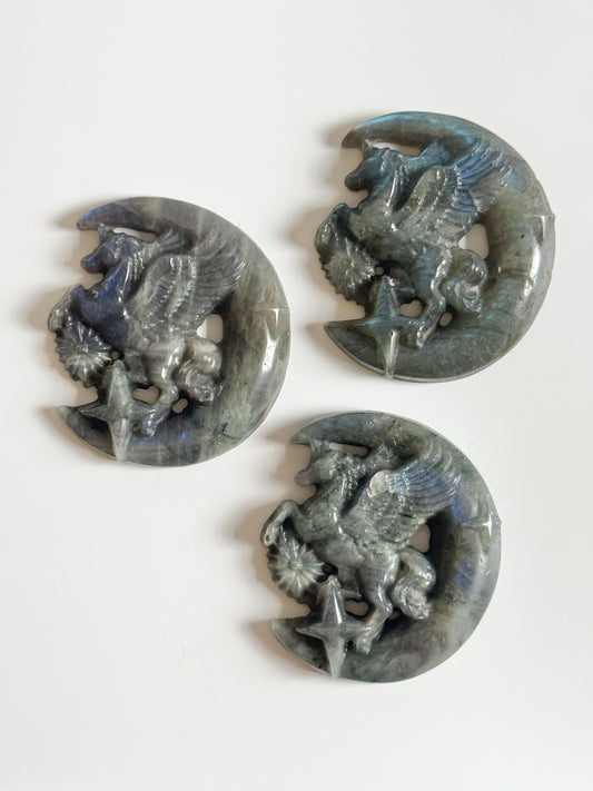 Labradorite Unicorn on Moon Flat Carving