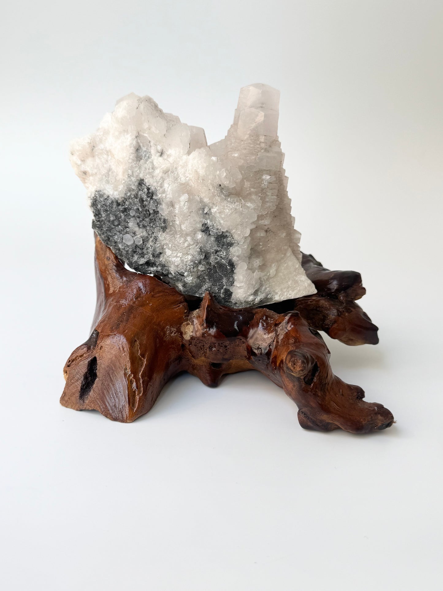 Mangano Calcite Cluster, Wooden Display