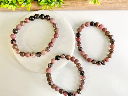 Rhodonite Round Bead Bracelet, 8mm