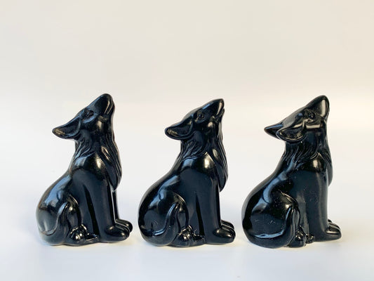 Howling Wolf Carving, Black Obsidian