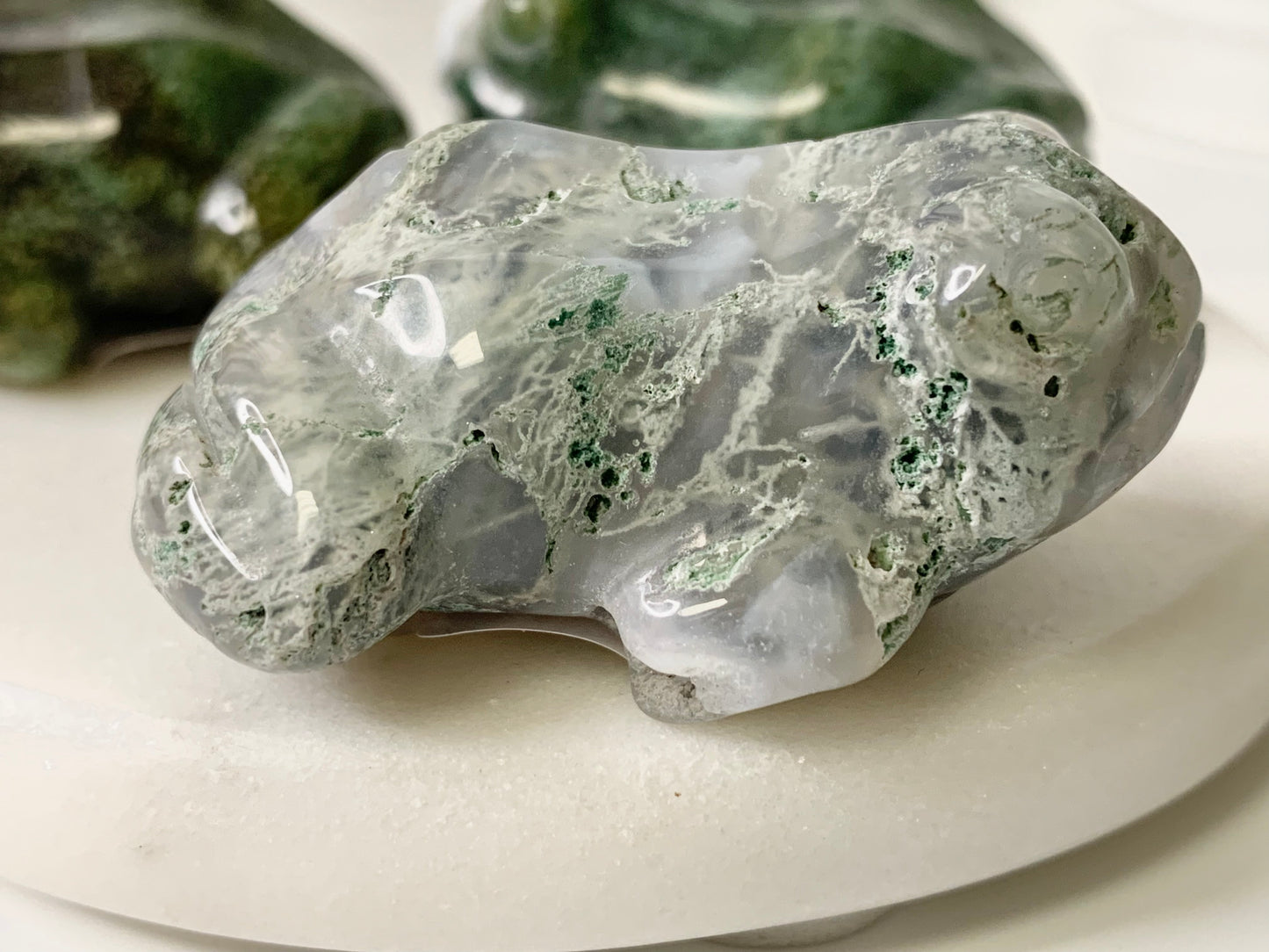 Moss Agate Frog Carving