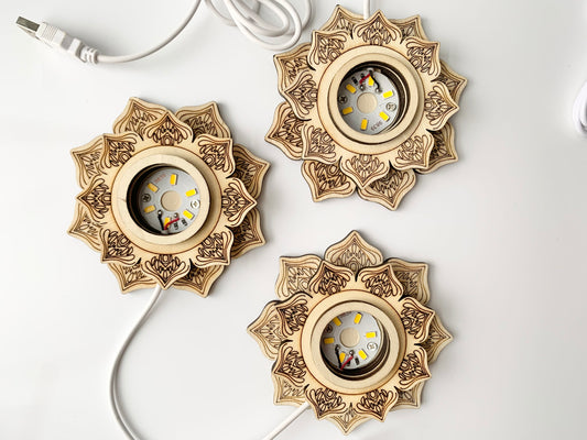 Large Wooden Lotus LED Light Base (White Light)