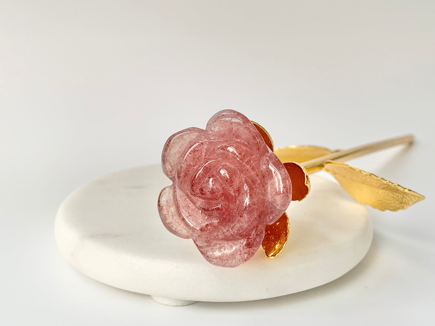 Rose Stem Carving, strawberry quartz