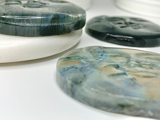 Sun and Moon Face Labradorite Carving, flat