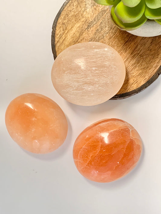Peach Satin Spar Palm Stone
